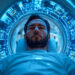 A man lies on his back inside a futuristic MRI or CT scanner with glowing blue digital interfaces, suggesting advanced medical technology in a clinical setting. | LESSINVEST