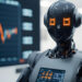 A sleek humanoid robot with glowing digital eyes stands in front of a large screen displaying a downward-trending graph. The robot has a display panel on its chest showing data and charts. The setting is a modern, high-tech room. | LESSINVEST