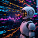 A white humanoid robot stands in front of colorful digital screens displaying graphs, charts, and financial data, suggesting advanced AI analyzing stock market trends. | LESSINVEST
