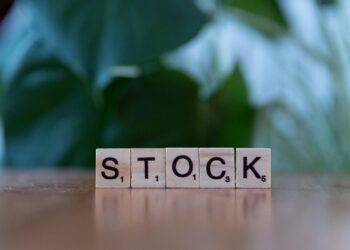 Wooden Scrabble tiles spell out the word "STOCK" on a smooth surface, with a blurred green leafy background. | LESSINVEST