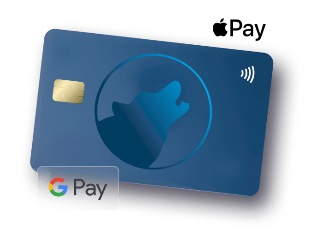 A blue credit card with a wolf silhouette, a chip, and contactless symbol. Apple Pay and Google Pay logos are shown, indicating mobile payment compatibility. | LESSINVEST